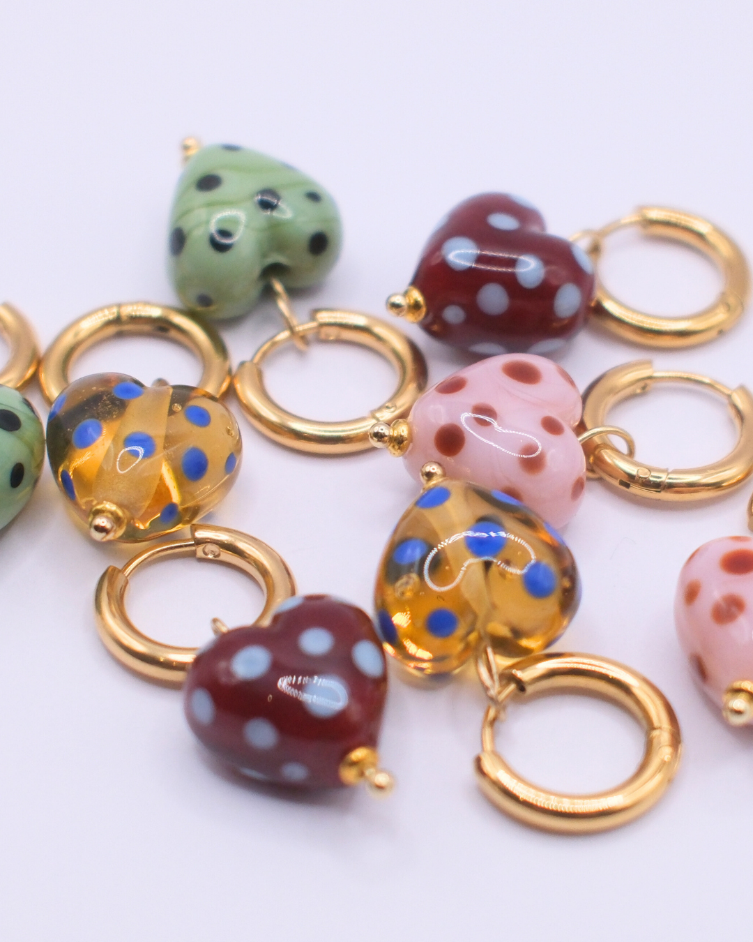 Pink glass heart hoop earrings