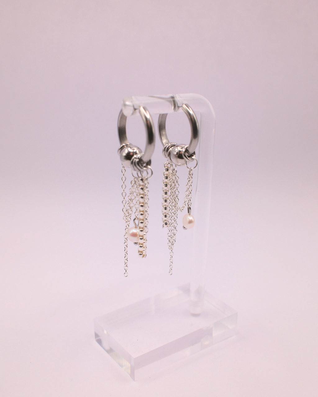 Silver Pearl and Chain Hoops
