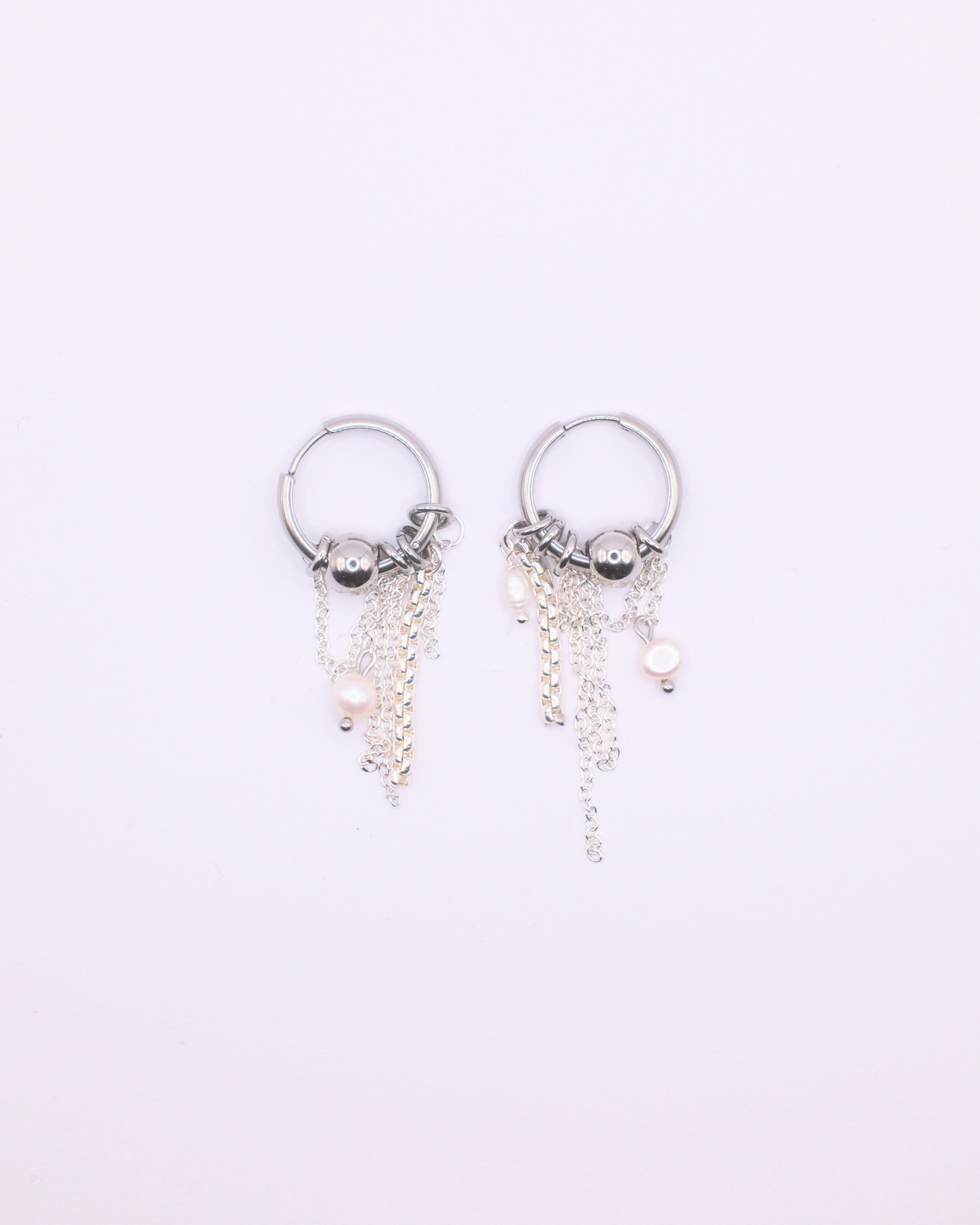 Silver Pearl and Chain Hoops