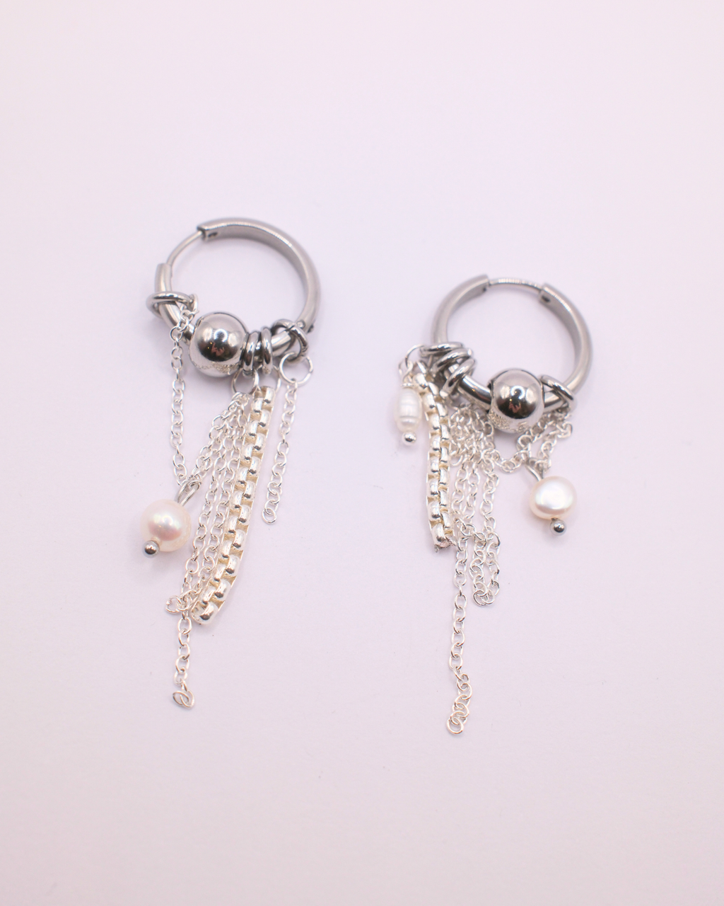 Silver Pearl and Chain Hoops