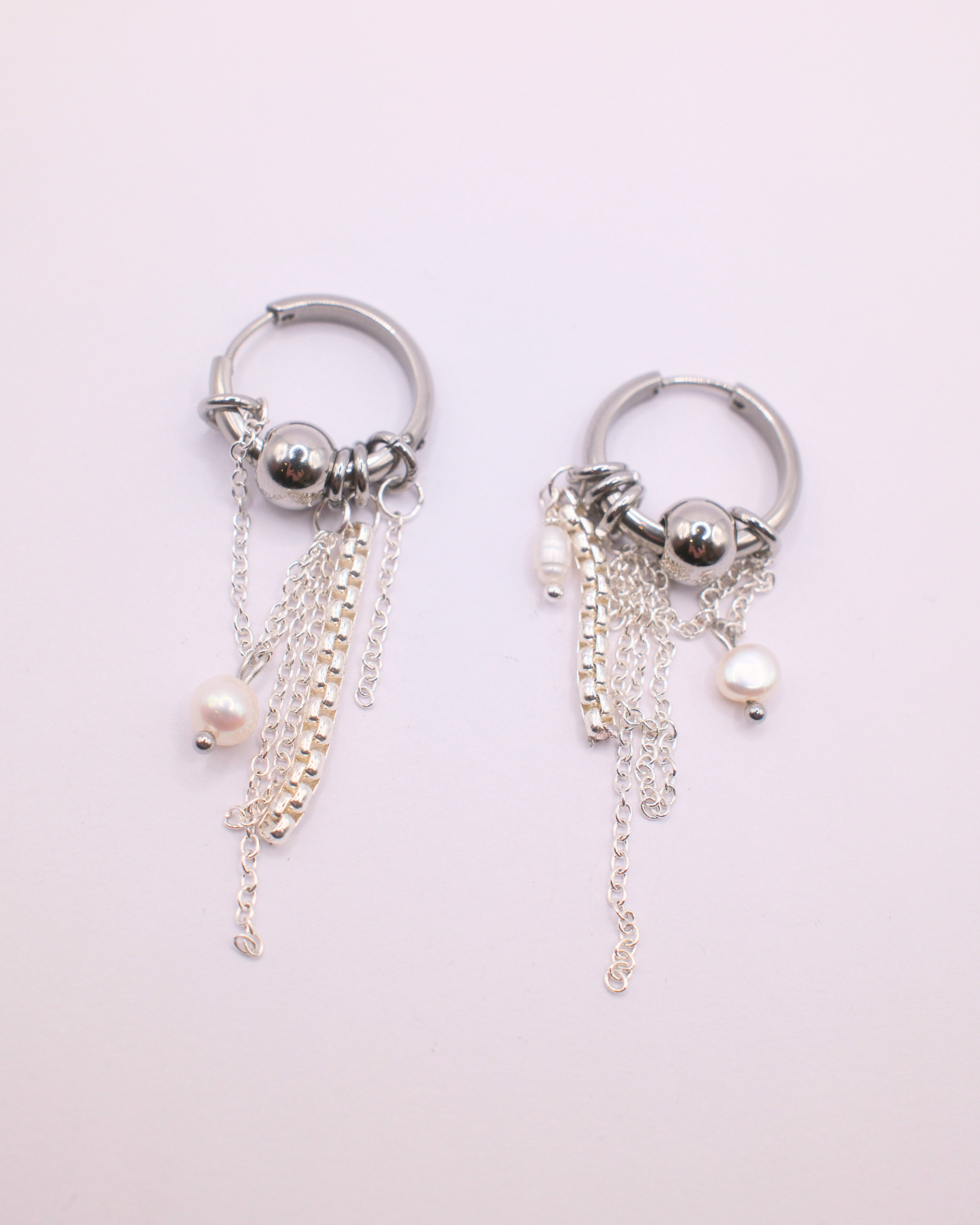 Silver Pearl and Chain Hoops