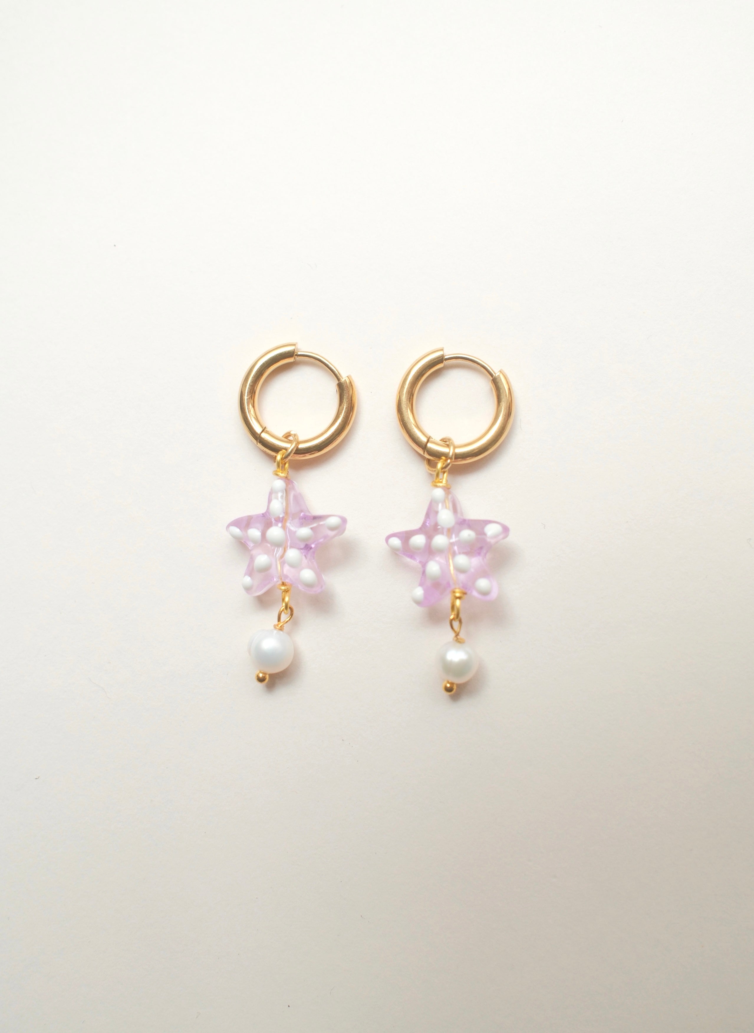 Lilac glass starfish hoop earrings with pearls