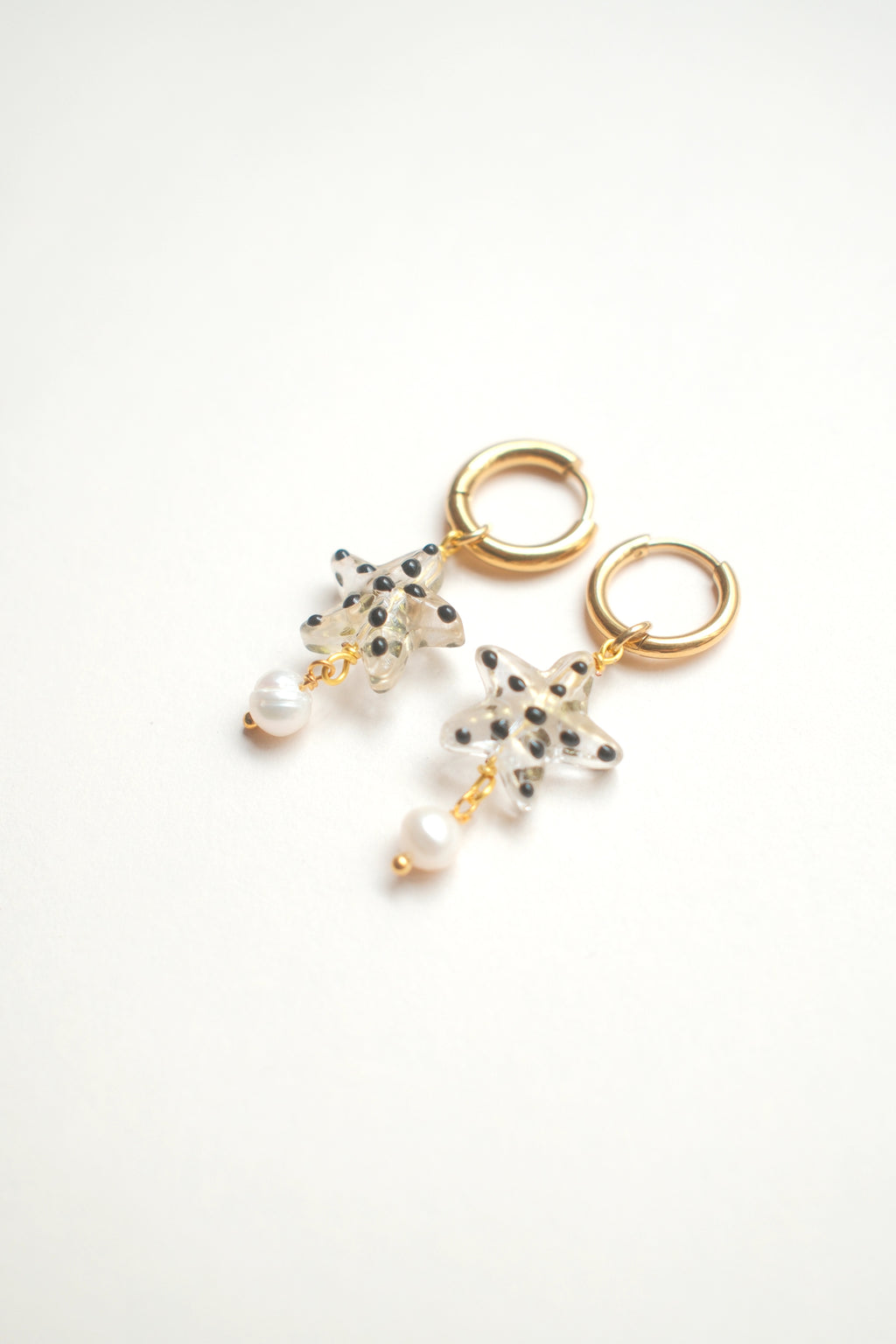 White Starfish Earrings with Black Dots and Pearls