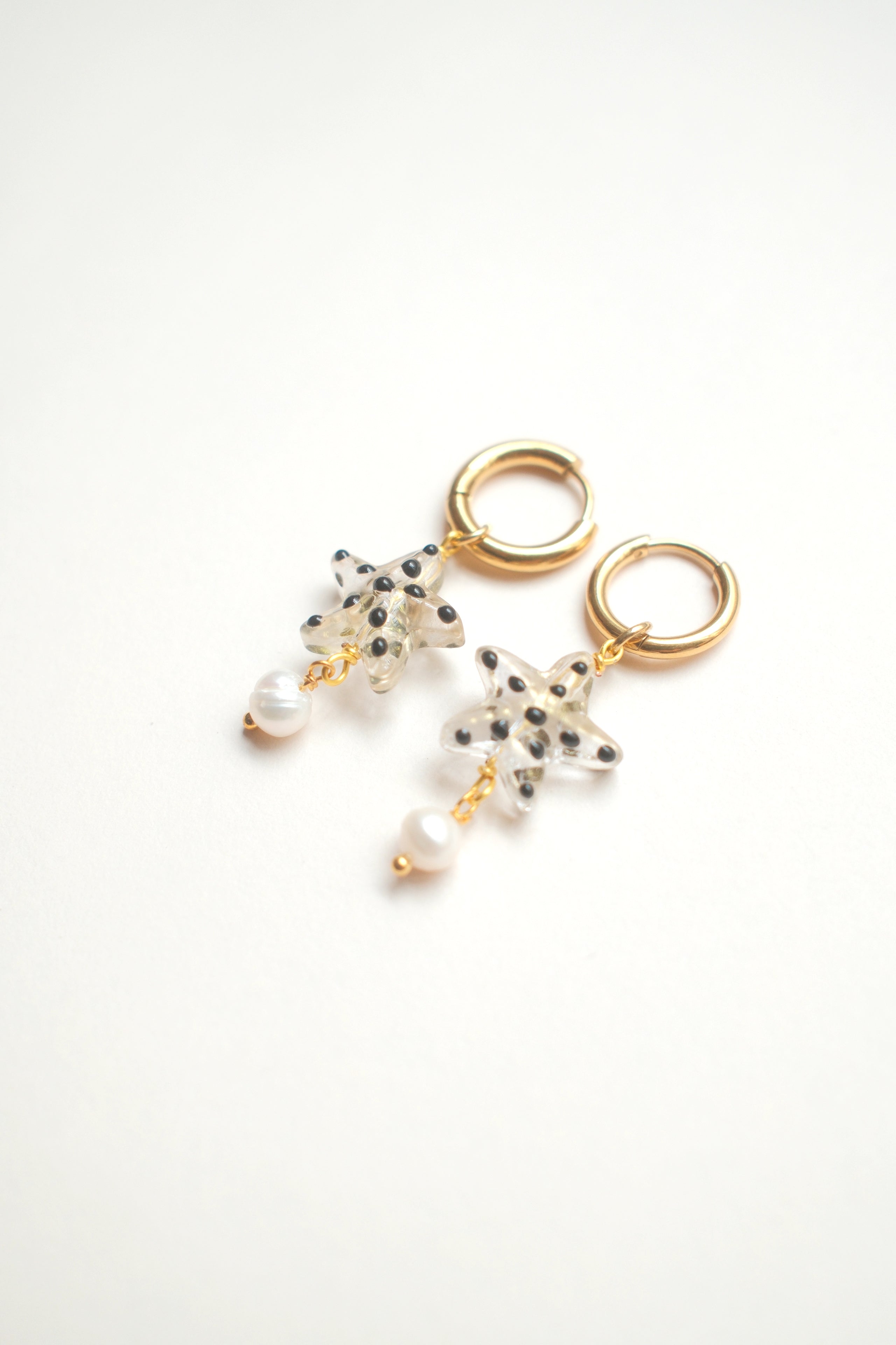 White Starfish Earrings with Black Dots and Pearls